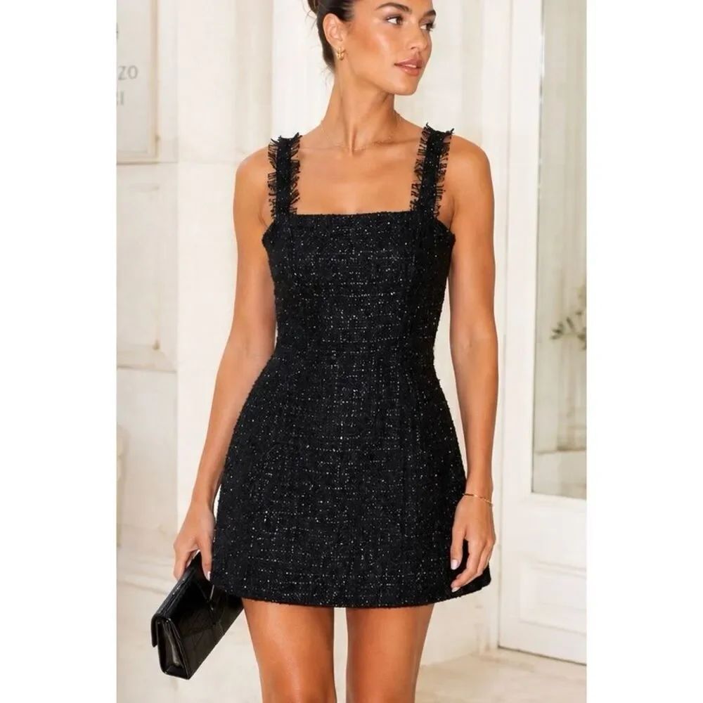 NWT Meshki Celena Black Tweed Mini Dress Fringe Strap Bouclé Cocktail XS